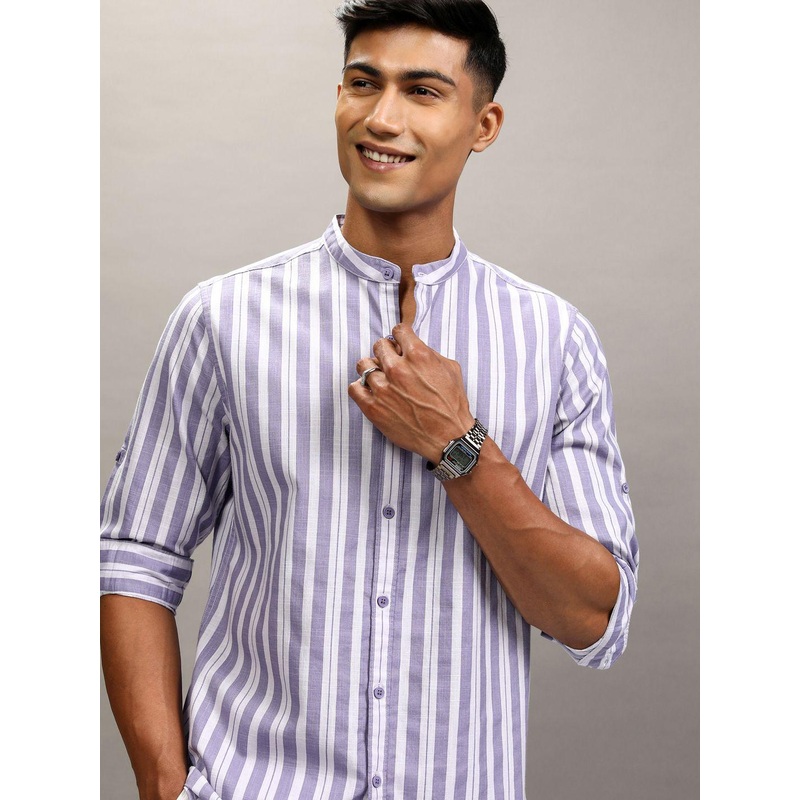 Highlander Men Cotton Linen Printed Striped Mandarin Collar Casual Shirt