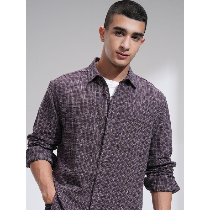 HIGHLANDER Men Dobby Textured Check Relaxed Shirt