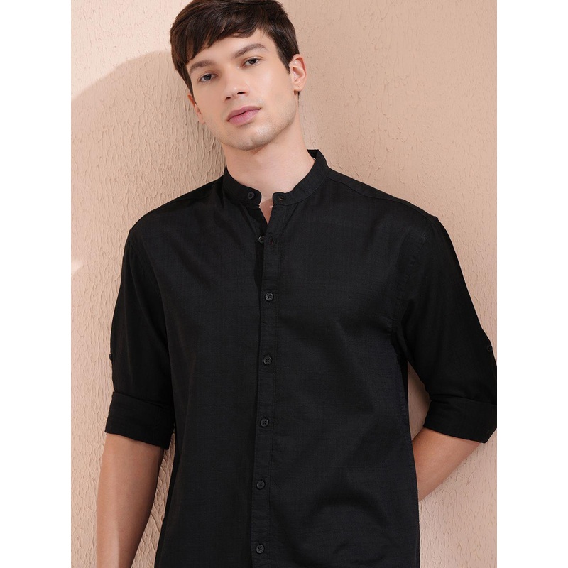 Highlander Men Dobby Textured Solid Mandarin Collar Roll Up Sleeve Relaxed Regular Fit Shirt