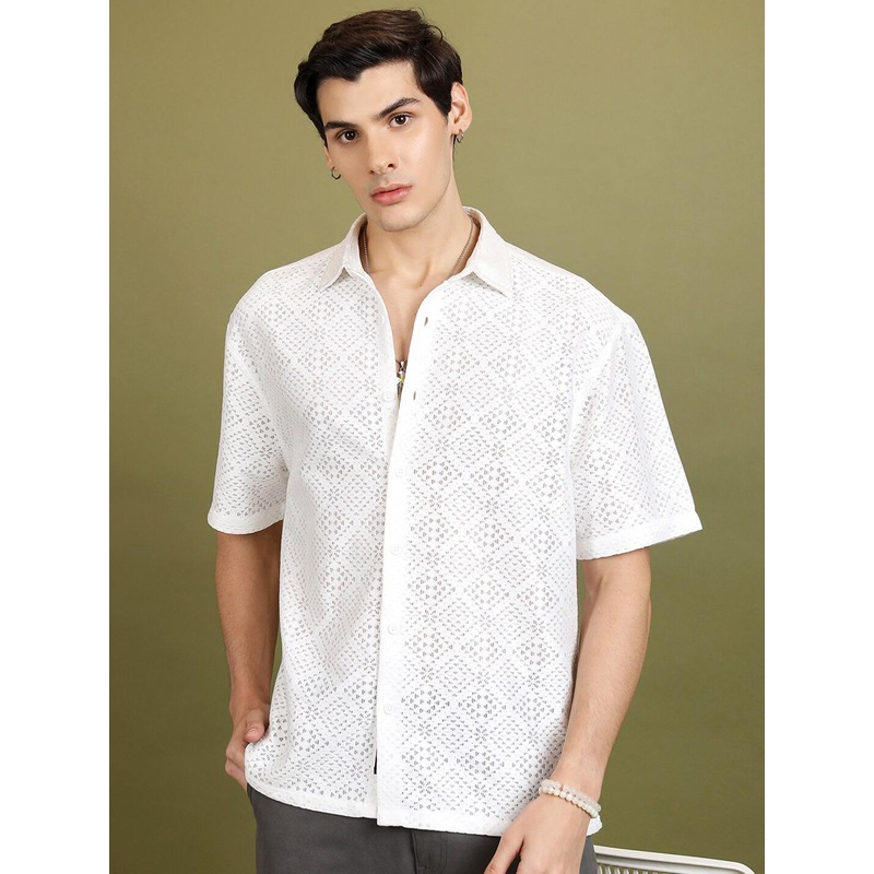 HIGHLANDER White Textured Crochet Crochet Drop Shoulder Oversized Shirt