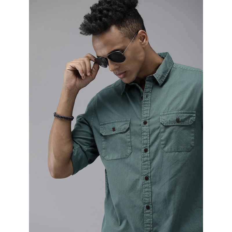 Roadster Men Green Solid Pure Cotton Standard Casual Shirt