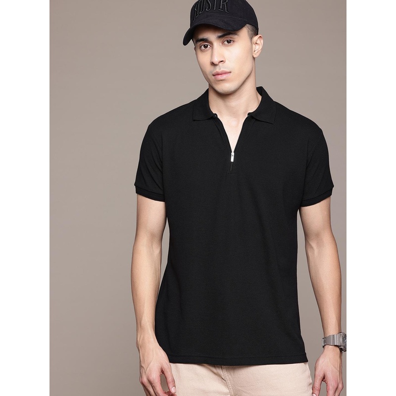 The Roadster Lifestyle Co. Solid T-shirt with Half Zip Polo Collar
