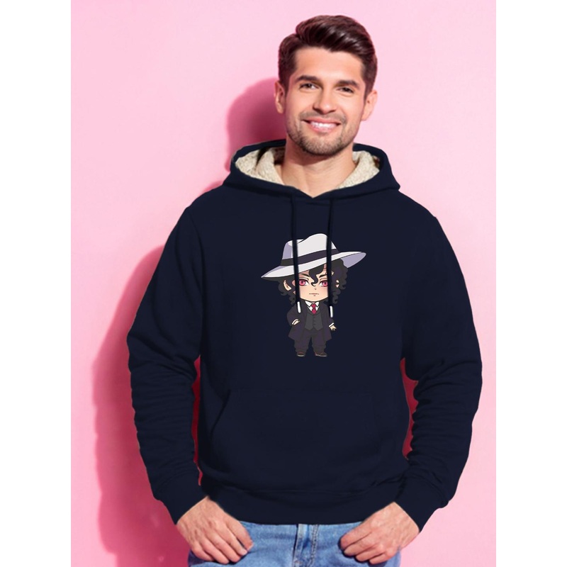 TOGS & TERRE Men Demon Slayer Anime Printed Fur Hooded Sweatshirt