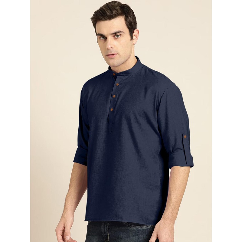 Zombom Men Mandarin Collar Long Sleeve Straight Kurta