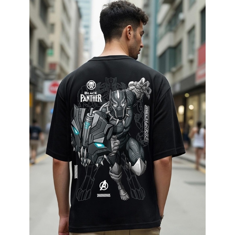 Bewakoof Black Black Panther Printed Round Neck Short Sleeves Cotton Oversized T-shirt