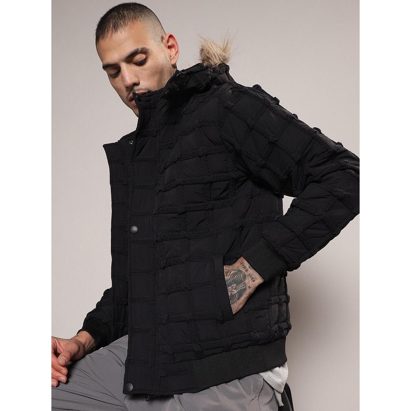 Campus Sutra Self-Design Hooded Windcheater Puffer Jacket