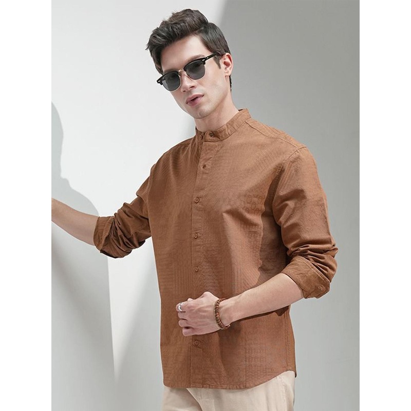 HIGHLANDER Men Comfort Relaxed Fit Textured Mandarin Collar Cotton Casual Shirt