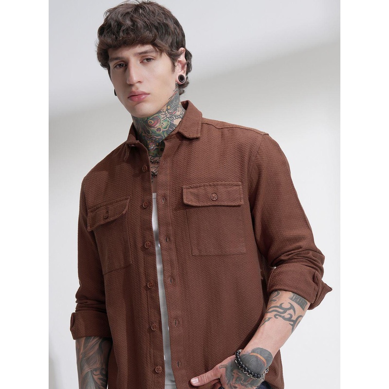 HIGHLANDER Men Comfort Relaxed Fit Textured Spread Collar Cotton Casual Shirt