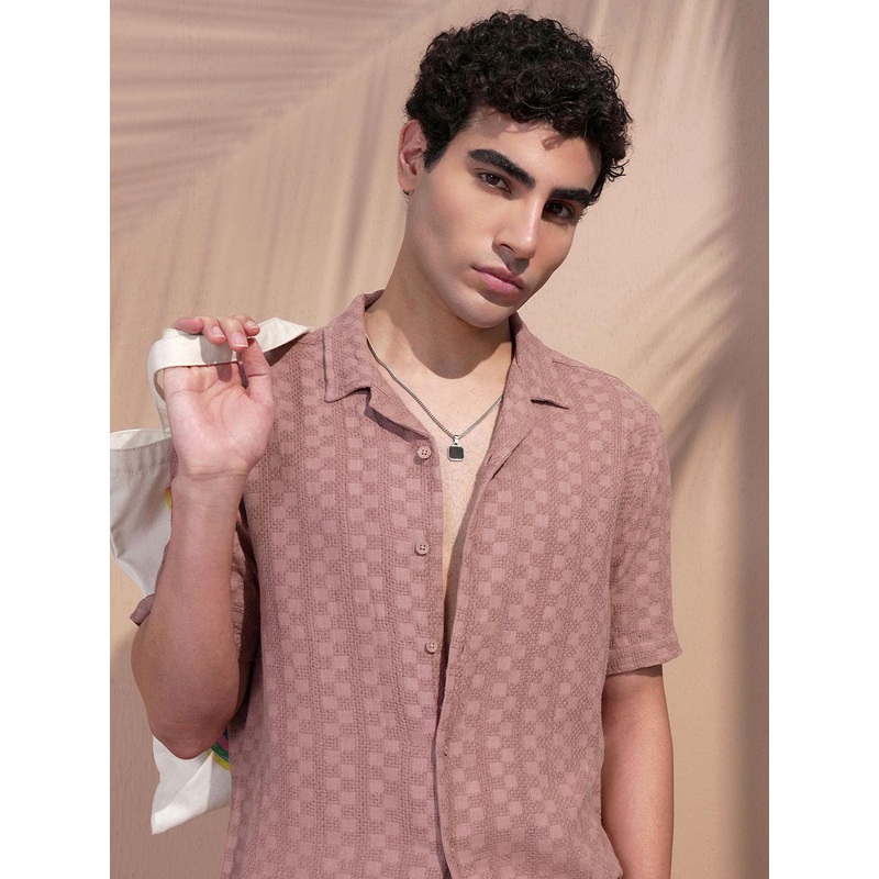 HIGHLANDER Relaxed Fit Textured Cuban Collar Cotton Casual Shirt