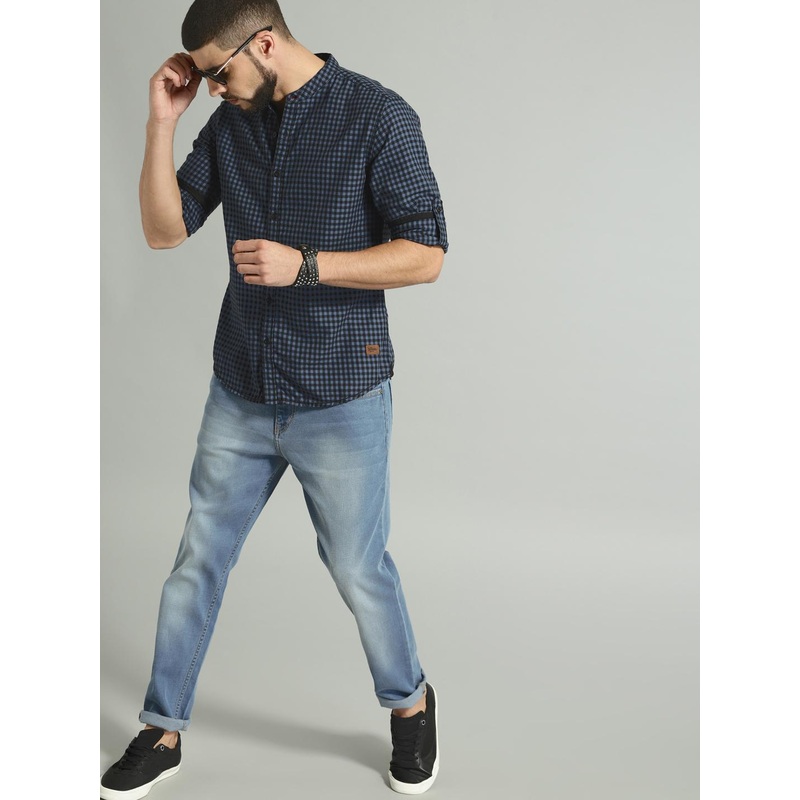 Roadster Men Blue & Black Checked Pure Cotton Casual Shirt
