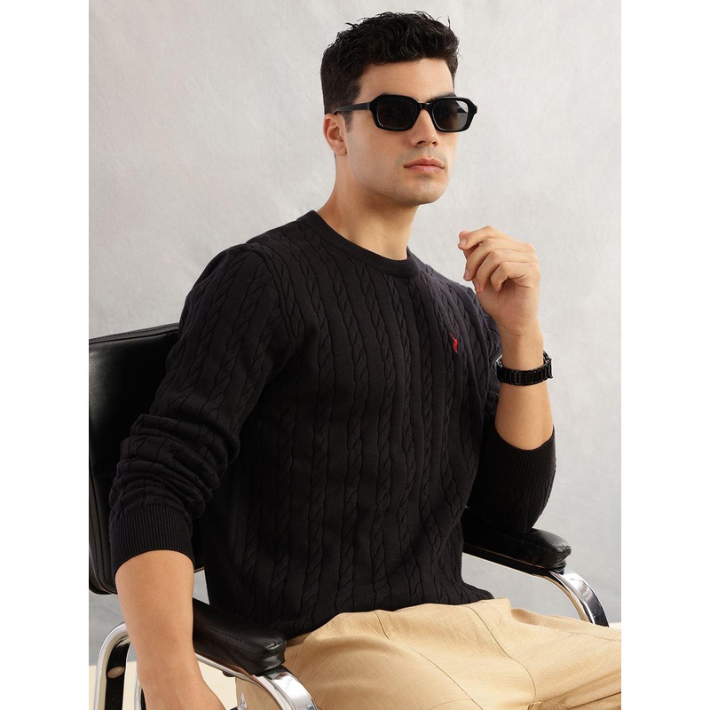 Thomas Scott Men Cable Knit Cotton Round Neck Pullover Sweater