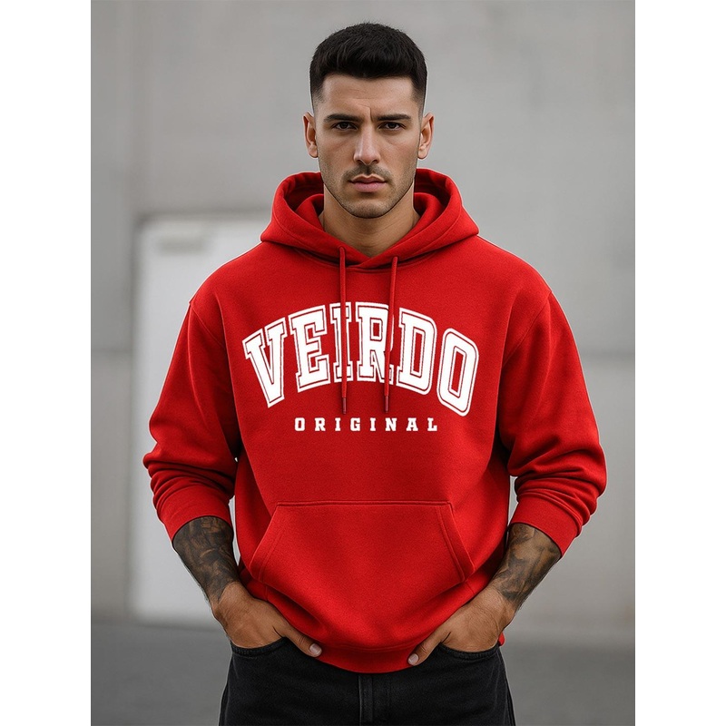 VEIRDO Men Red Typographic Print Cotton Fleece Oversized Hooded Pullover Sweatshirt