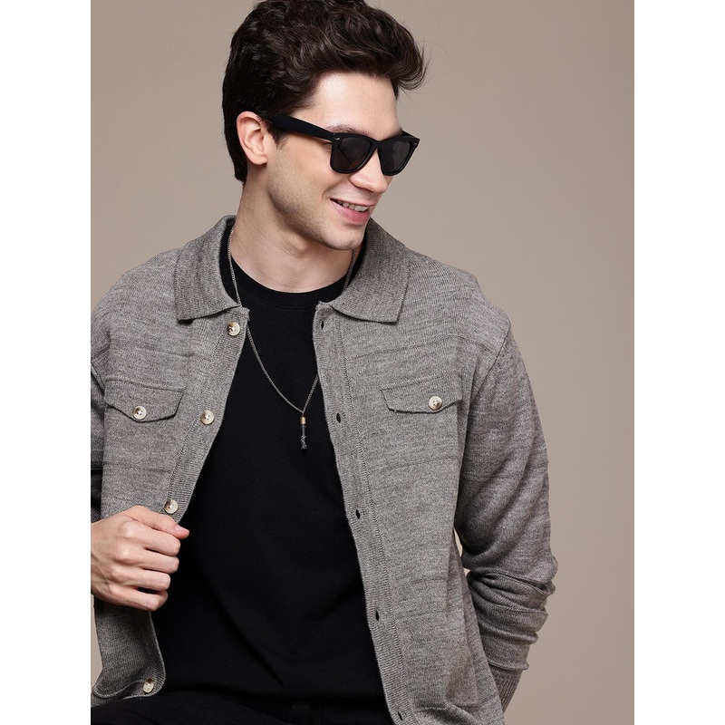 WROGN Shirt Collar Self-Design Front Open Sweater