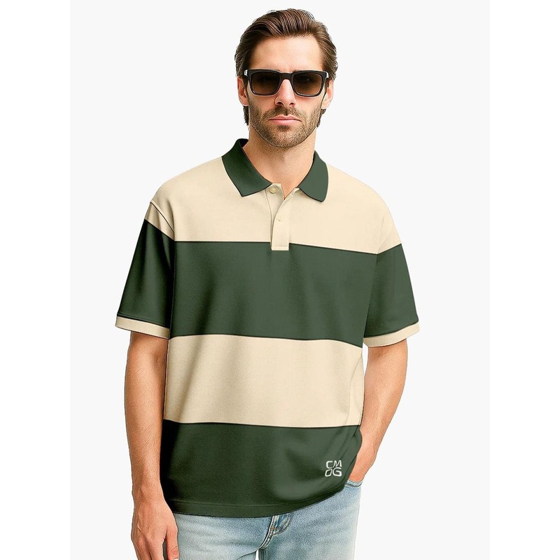 Crazymonk Oversized Urban Grove Colourblocked Polo Collar Cotton T-Shirt