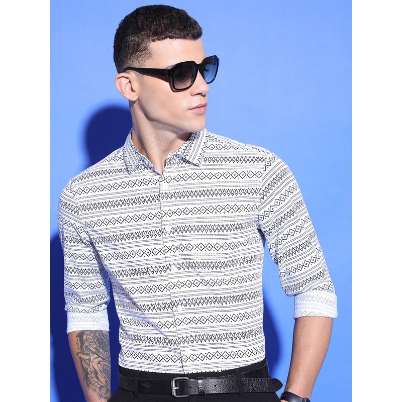 HIGHLANDER Geometric Printed Slim Fit Opaque Cotton Casual Shirt