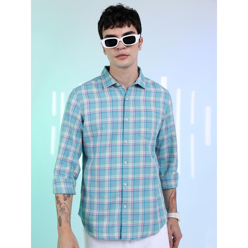 HIGHLANDER Slim Fit Tartan Checks Opaque Checked Casual Cotton Shirt