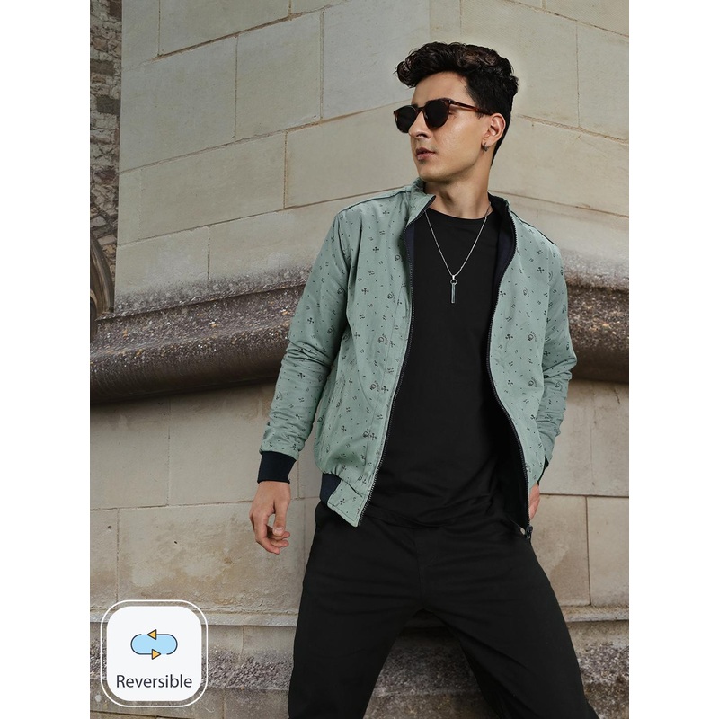 Roadster Men Green & Navy Blue Printed Reversible Sustainable Bomber Jacket