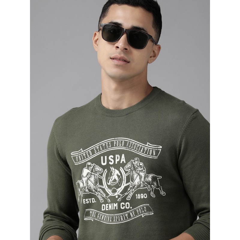 U S Polo Assn Denim Co Men Olive Green Printed Pullover