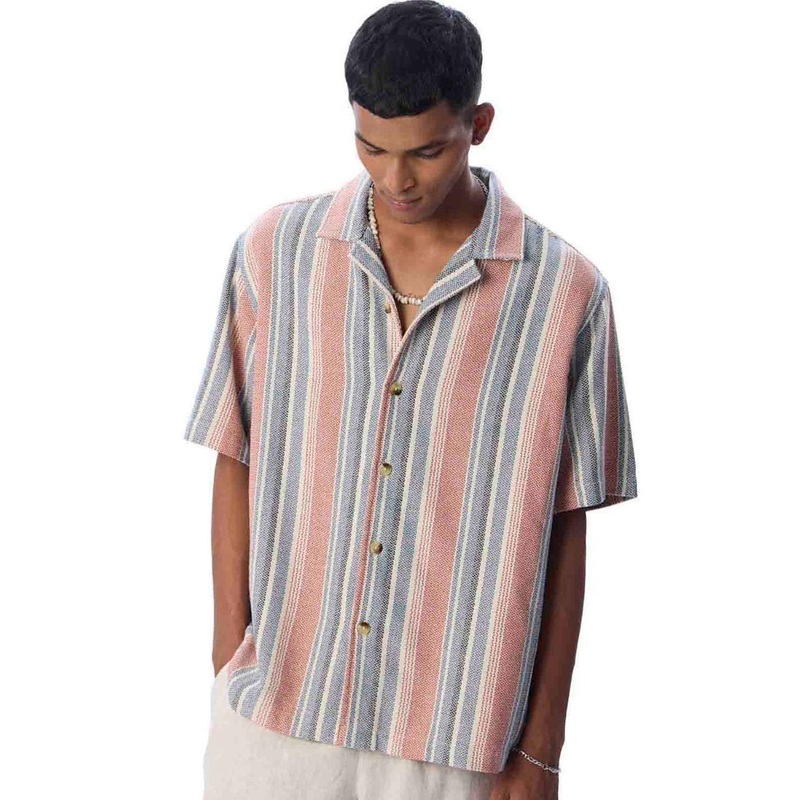 Urban Monkey Men Relaxed Fit Vertical Striped Cuban Collar Casual Shirt