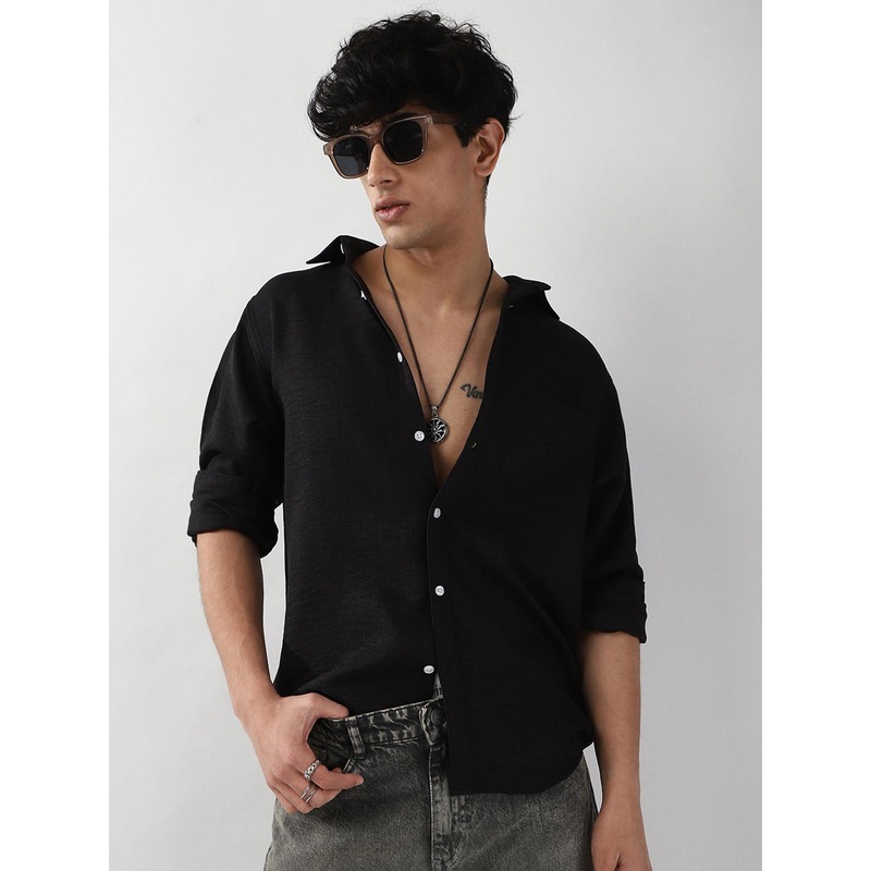 Urbano Fashion Men Black Solid Linen Full Sleeve Relaxed Fit Casual Shirt