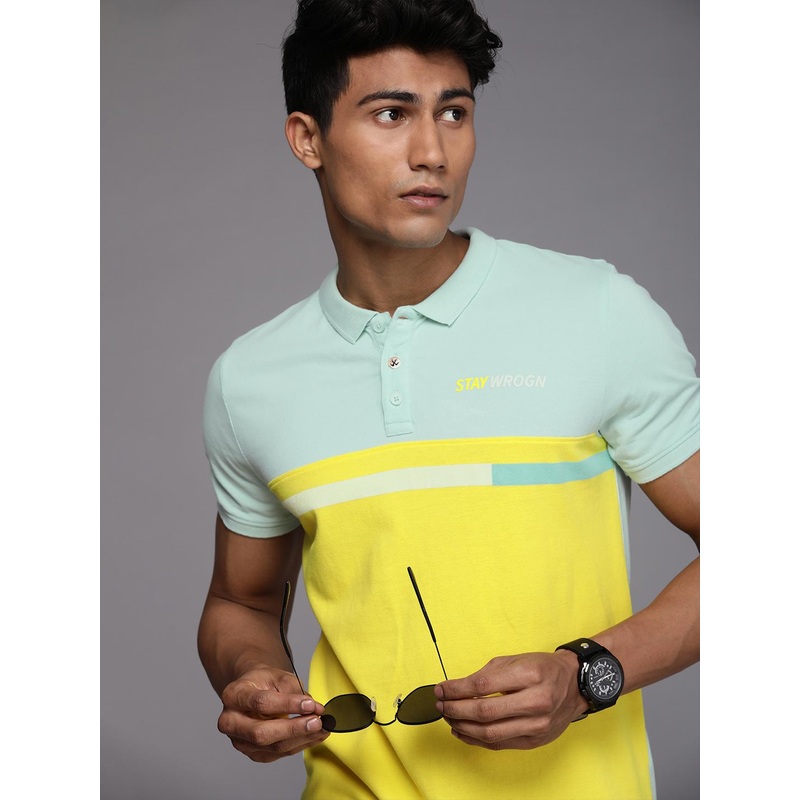 WROGN Men Yellow  Blue Colourblocked Polo Collar Slim Fit Pure Cotton T-shirt