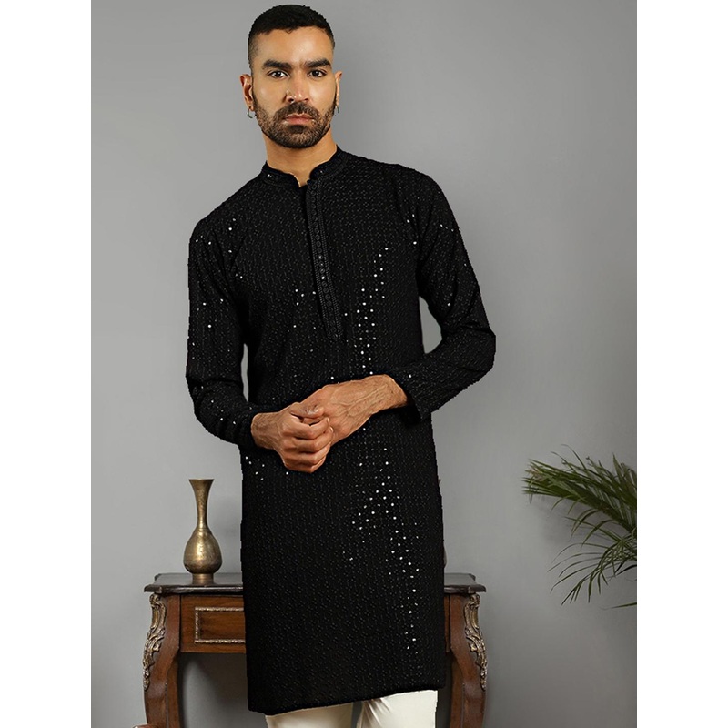 Anouk Black Floral Embroidered Band Collar Sequins Detail Pure Cotton Straight Kurta