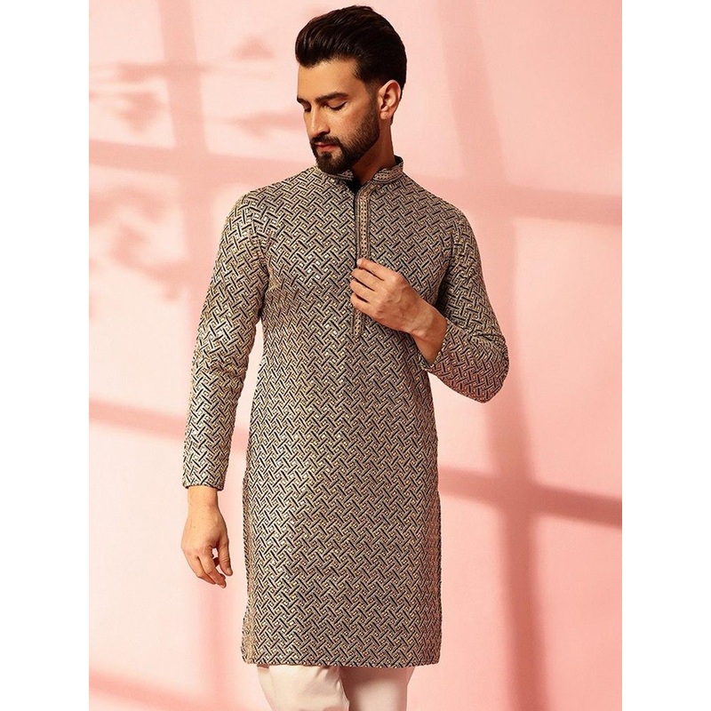 Anouk Geometric Embroidered Mandarin Collar Sequinned Cotton Straight Kurta