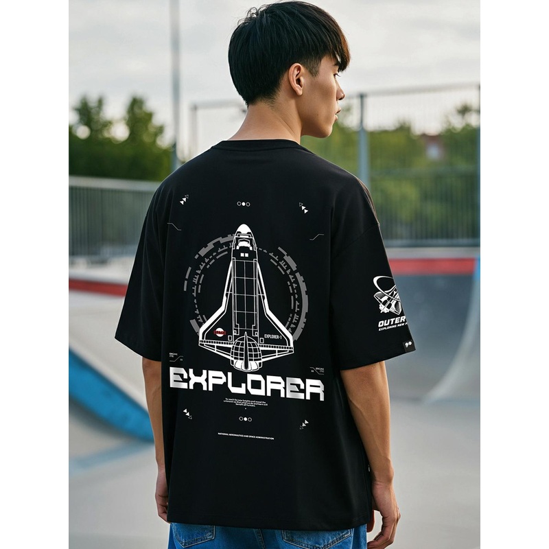 Bewakoof Black Graphic NASA Printed Cotton Oversized T-Shirt