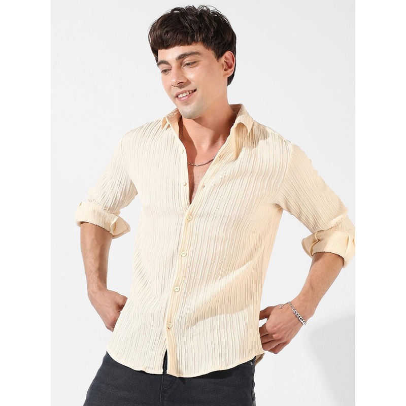 Campus Sutra Yellow Self Design Classic Fit Casual Shirt