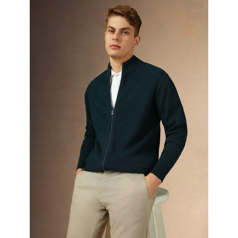 Dennis Lingo Geometric Self Design Mock Collar Acrylic Front Open Sweater