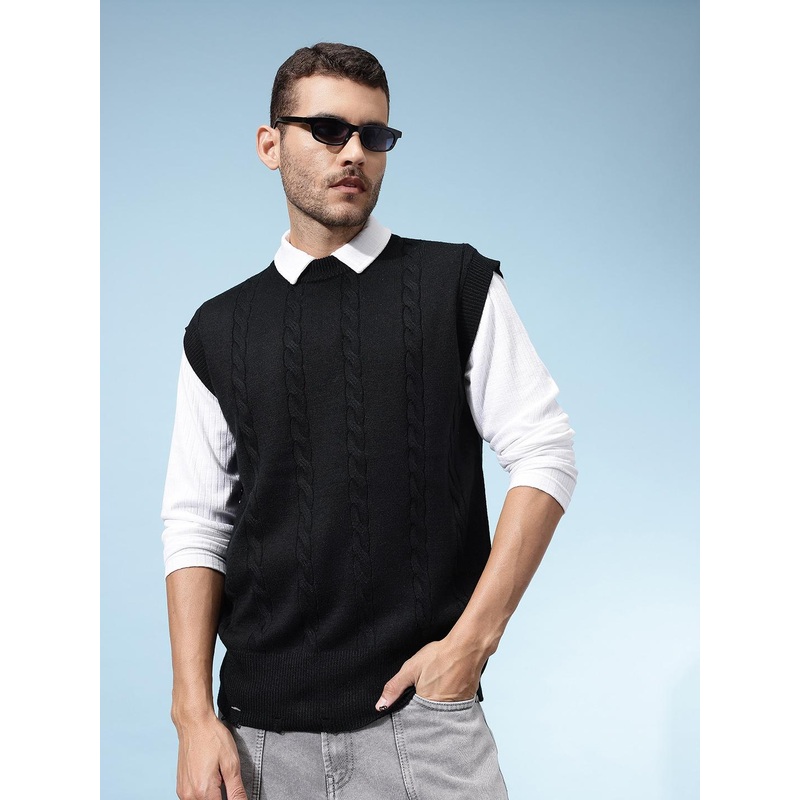 glitchez Cable Knit Acrylic Sweater Vest with Frayed Edges
