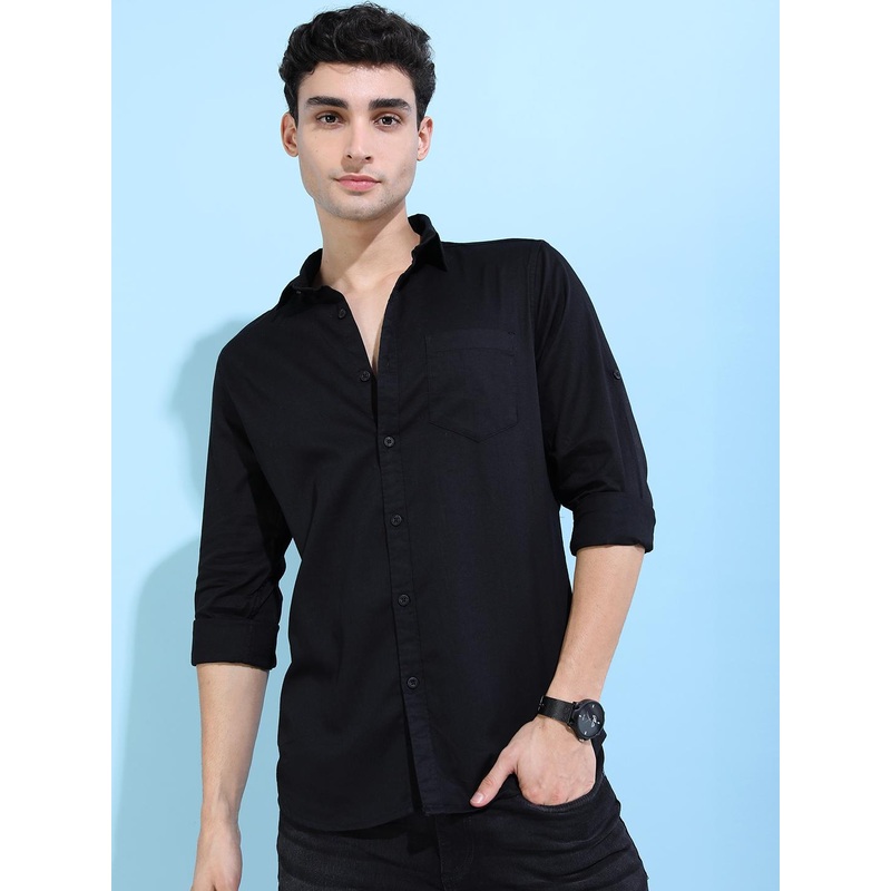 HIGHLANDER Men Black Long Roll-Up Sleeves Slim Fit Casual Shirt