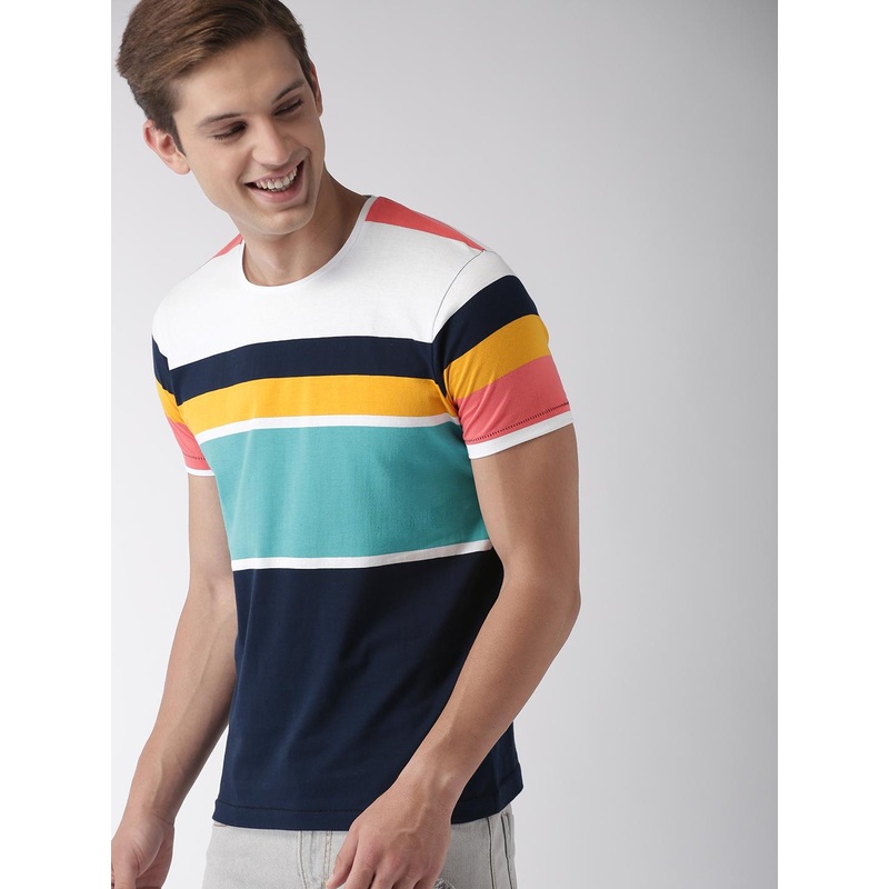 Mast  Harbour Men Multicoloured Striped Round Neck Cotton T-shirt