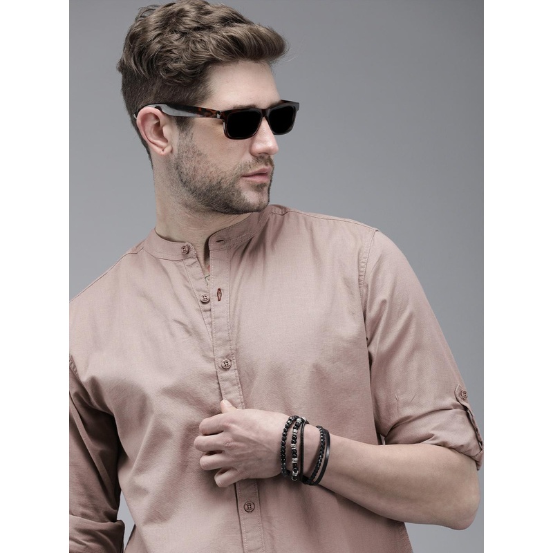 Roadster Men Beige Mandarin Collar Roll-Up Sleeves Casual Shirt