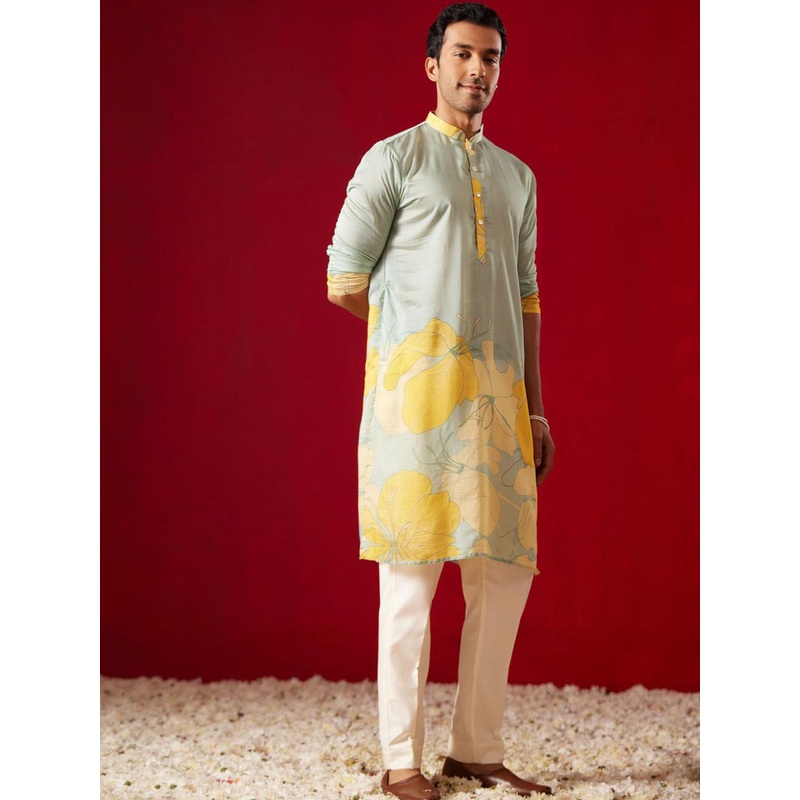 VASTRAMAY Men Printed Band Collar Long Regular Slevees Kurta