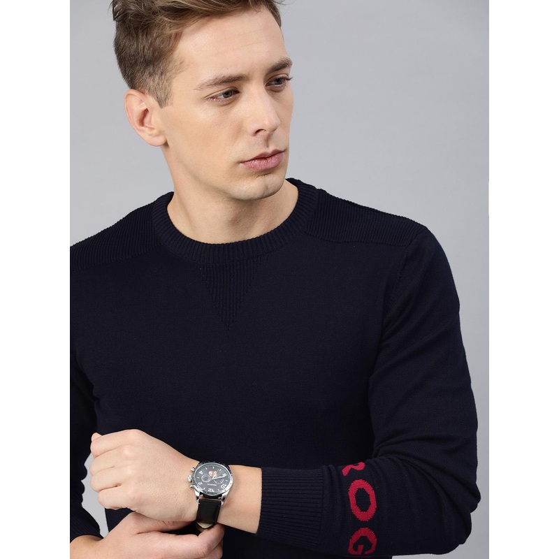 WROGN Men Navy Blue Slim Fit Solid Pullover Sweater with Print