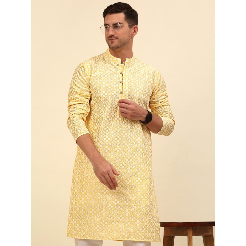 Anouk Yellow & White Ethnic Motifs Chikankari Embroidered Straight Kurta