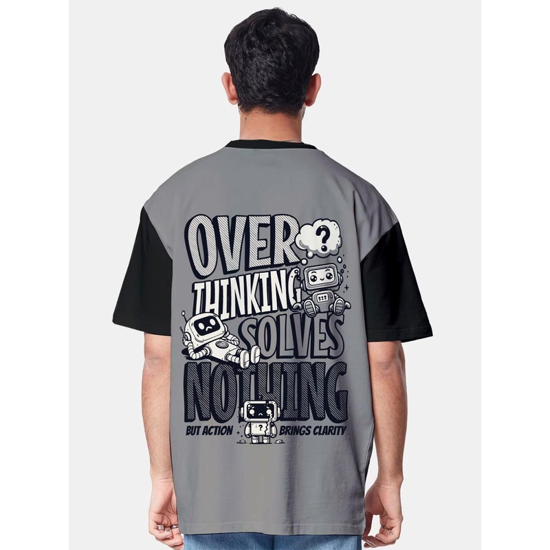 Crazymonk Oversized Overthinking Typography Printed Cotton T-Shirt