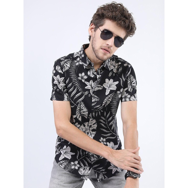 HIGHLANDER Men Black Slim Fit Floral Printed Casual Shirt