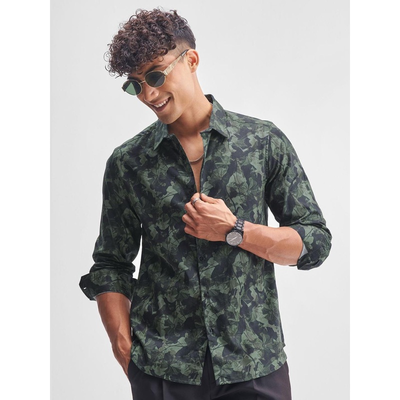 HIGHLANDER Slim Fit Floral Printed Cutaway Collar Cotton Casual Shirt