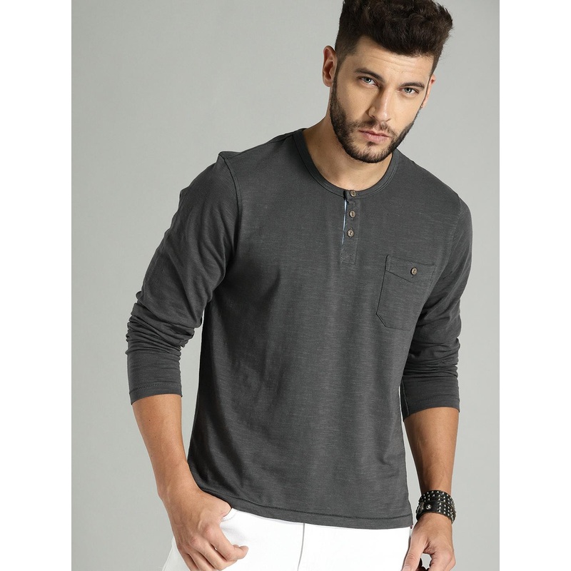 Roadster Men Charcoal Grey Solid Henley T-shirt