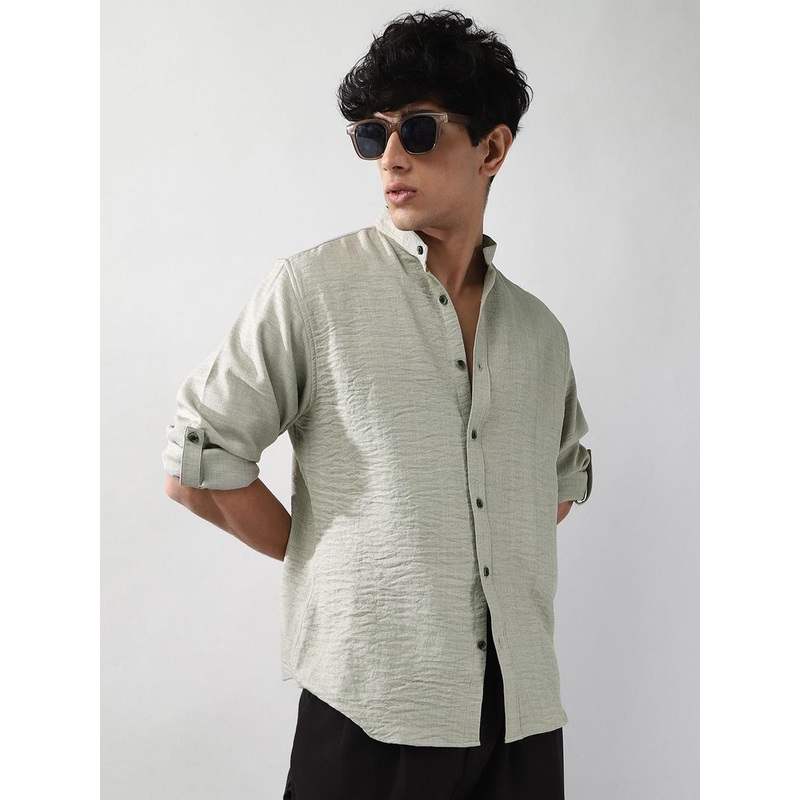 Urbano Fashion Men Beige Solid Linen Full Sleeve Relaxed Fit Mandarin Collar Casual Shirt