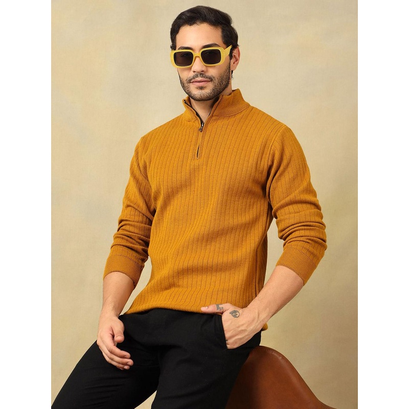 Voxmonks Men Striped Mock Collar Pullover Sweater