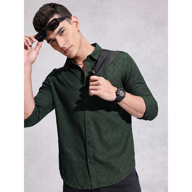 WROGN Opaque Self Design Textured Pure Cotton Casual Shirt