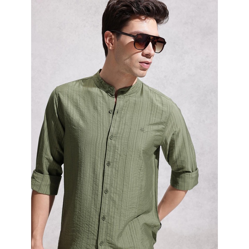 WROGN Striped Band Collar Shirt