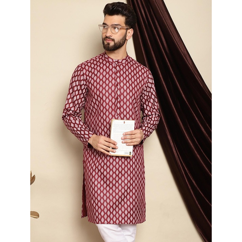 Anouk Maroon Ethnic Motifs Printed Band Collar Cotton Linen Straight Kurta