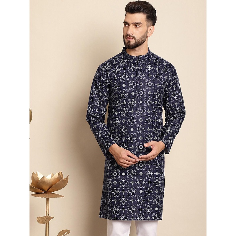 Anouk Men Navy Blue Geometric Printed Thread Work Kurta