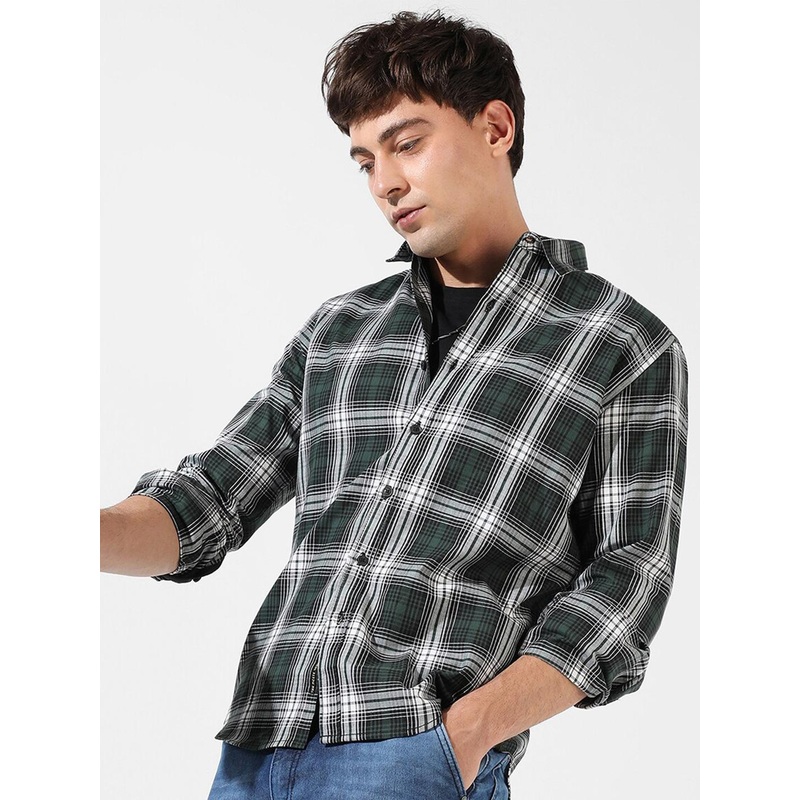 Campus Sutra Green Tartan Checks Classic Fit Cotton Casual Shirt