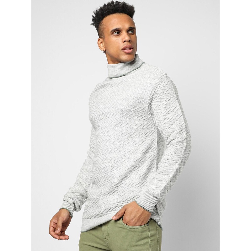 Campus Sutra Men Grey Melange Cable Knit Pullover Sweater