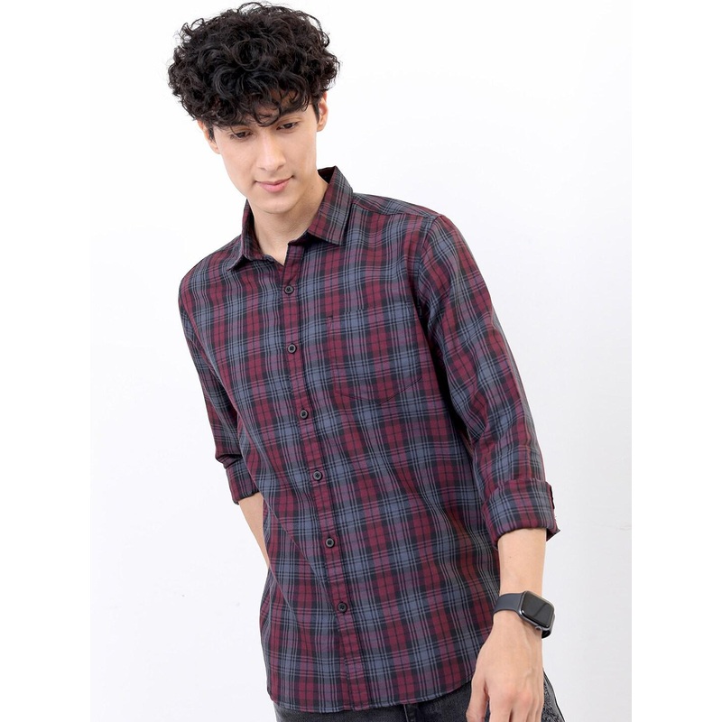 HIGHLANDER Men Maroon Slim Fit Tartan Checked Casual Shirt